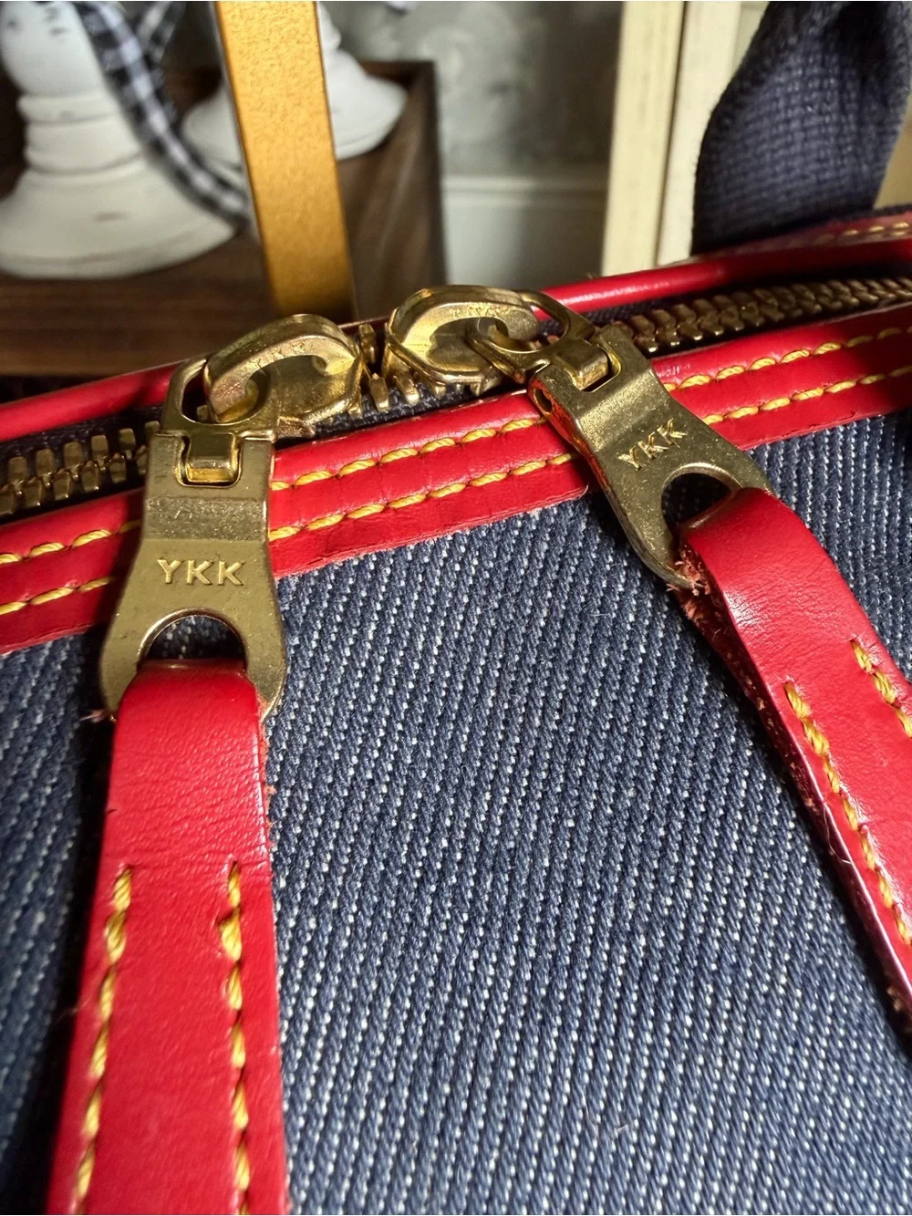Y2K Dooney & Bourke Navy Denim Red Leather Trim Top Handle Satchel Bag Purse